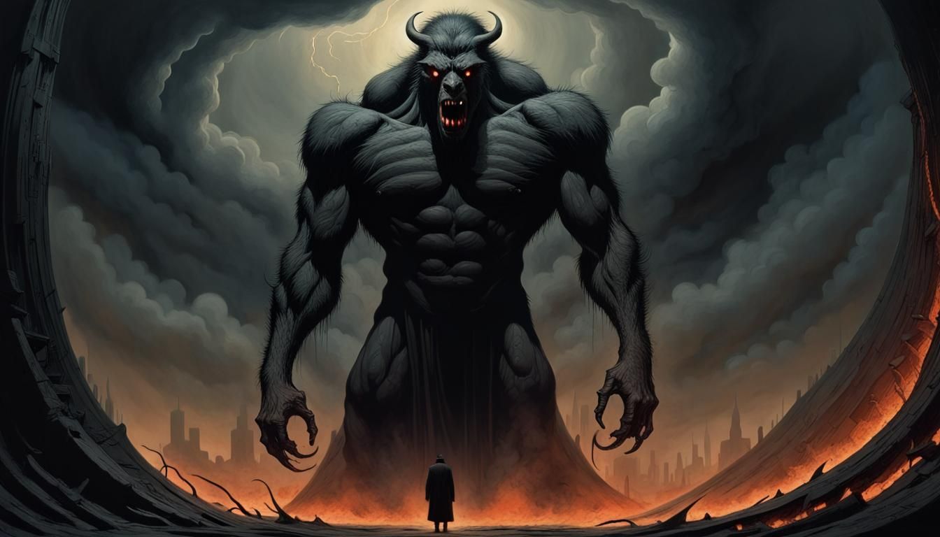 Horror/ film noir; storybook illustration;
Beast of (hell:1....