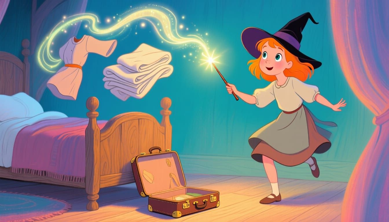 A junior witch waving a wand in the air and making her clothes pack themselves from the bed into a suitcase.