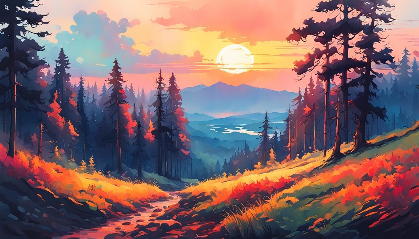 Lush Sunset Landscape in Watercolor Painting Style