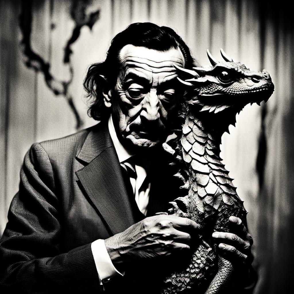 Salvador Dali holds a live dragon in his arms