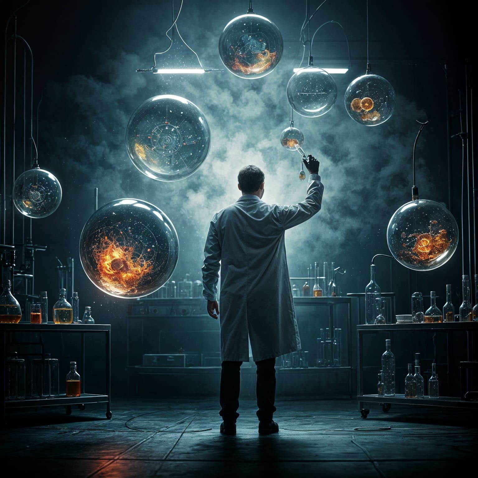 we see a scientist in a lab coat standing in a laboratory with a test tube in his hand, steam coming ...  by @Likvi