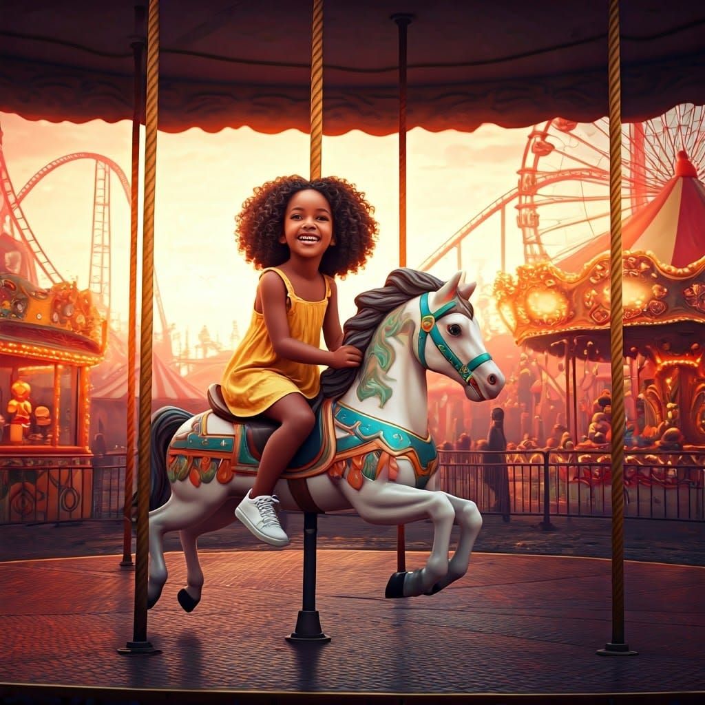 Girl on Carousel in Dreamlike Amusement Park
