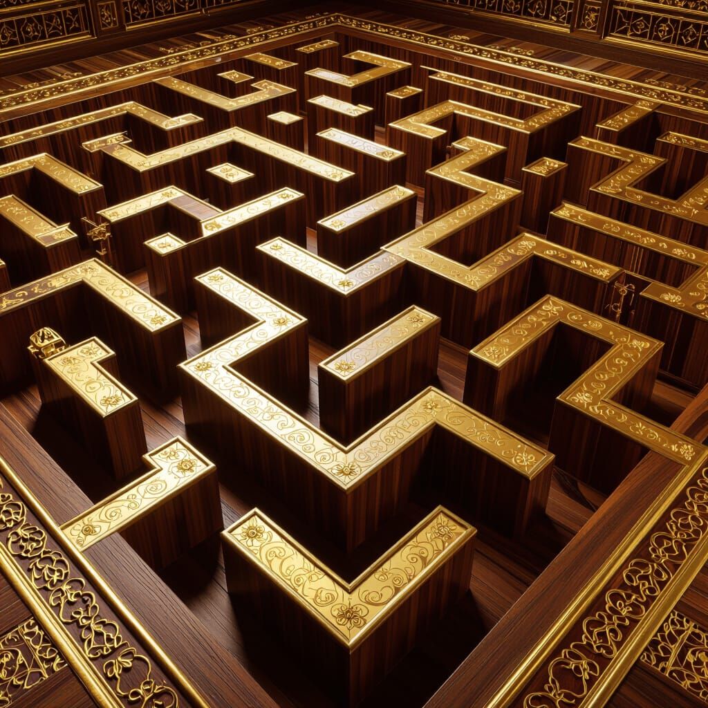 A hyperreal image of an elaborate  maze made of polished wood. Add gold trimming and decorations.
