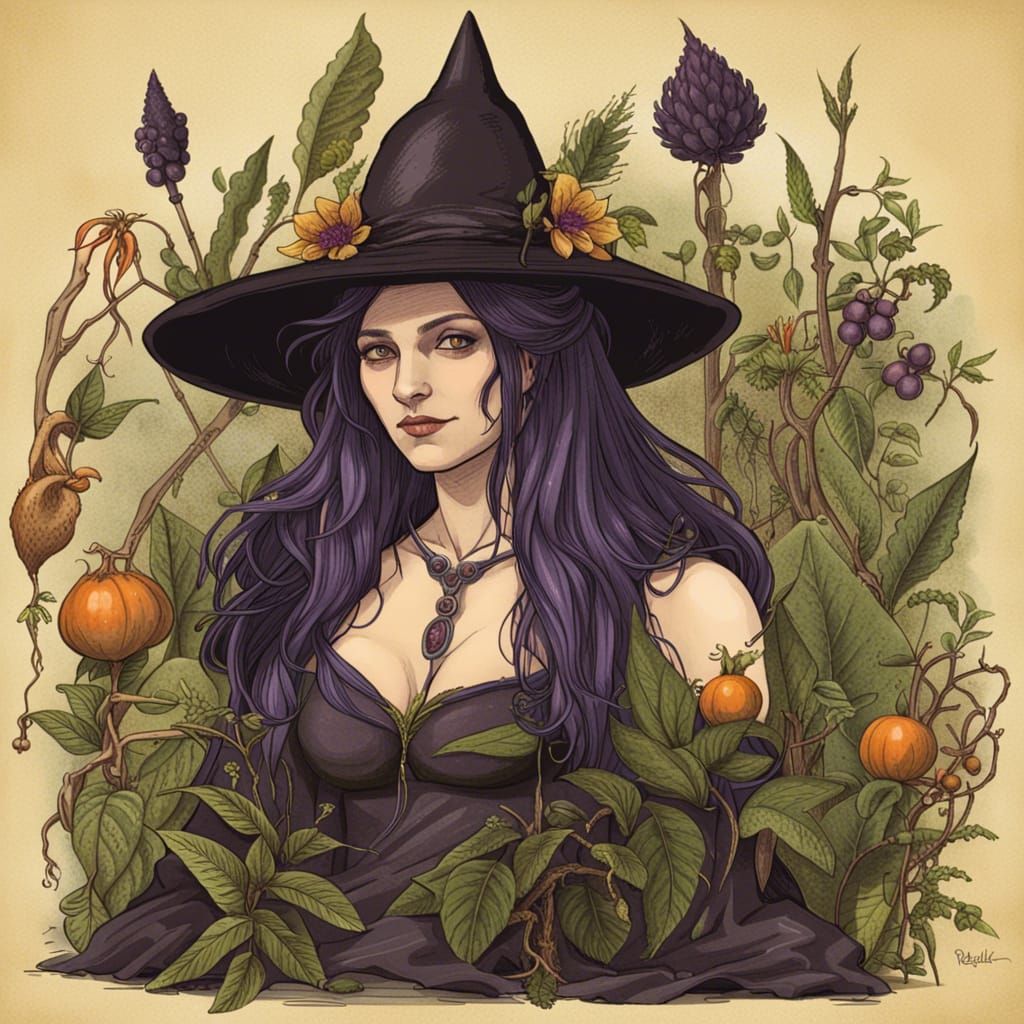 Belladonna witch and plant