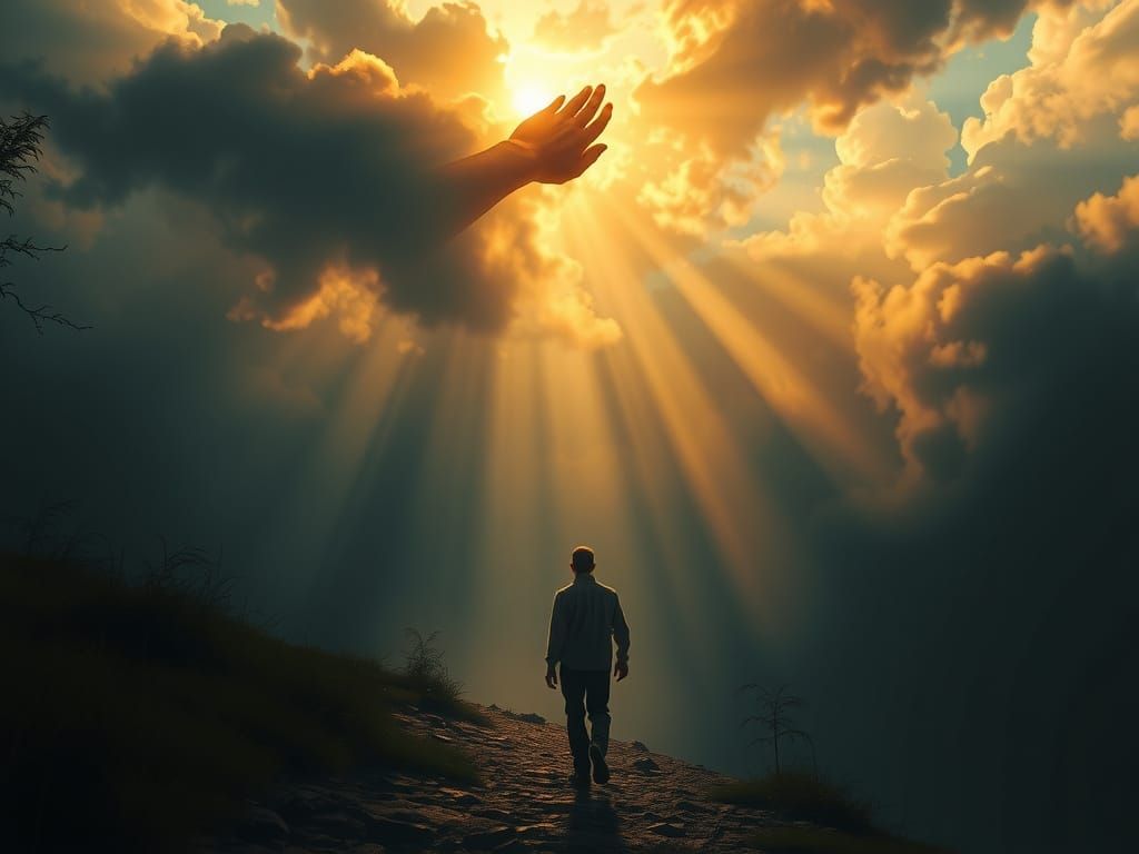 "Create an image that depicts the comforting essence of the hymn 'Take My Hand, Precious Lord.' Show a figure walking through a shadowy vall...