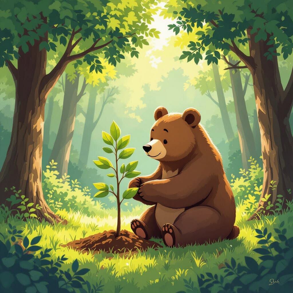 Gentle Bear Plants Tree in Sunlit Forest