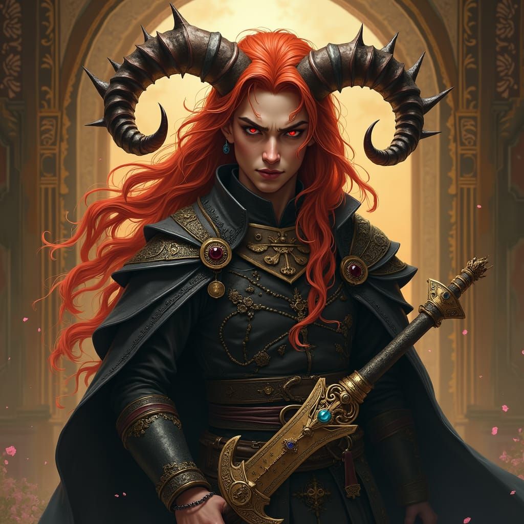 Beautiful highly detailed ornate intricate portrait of a young male tiefling warrior with luscious long autumn hair but no beard :: by Rebe...