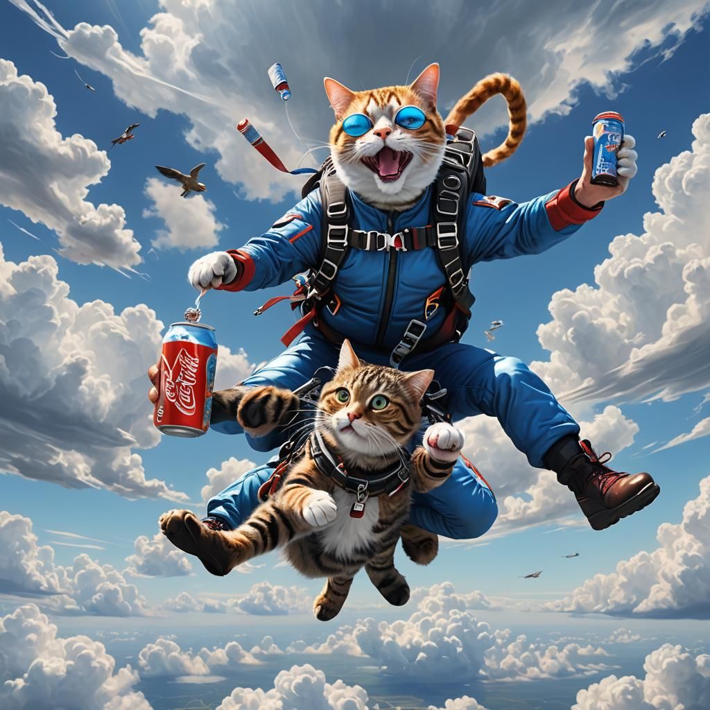 Skydiver drinking soda with a pet cat  by @Deja