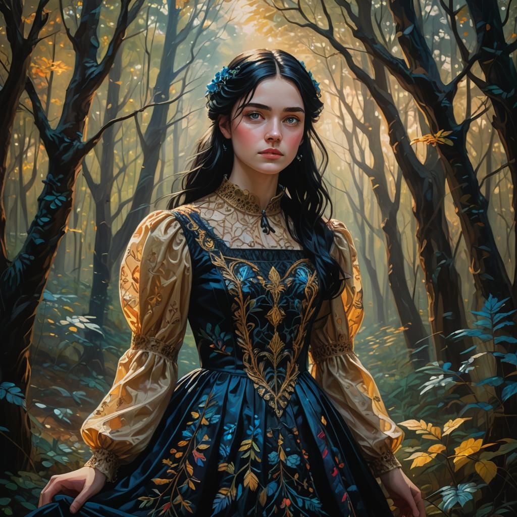 Girl in Mystical Forest: Vivid Oil Painting
