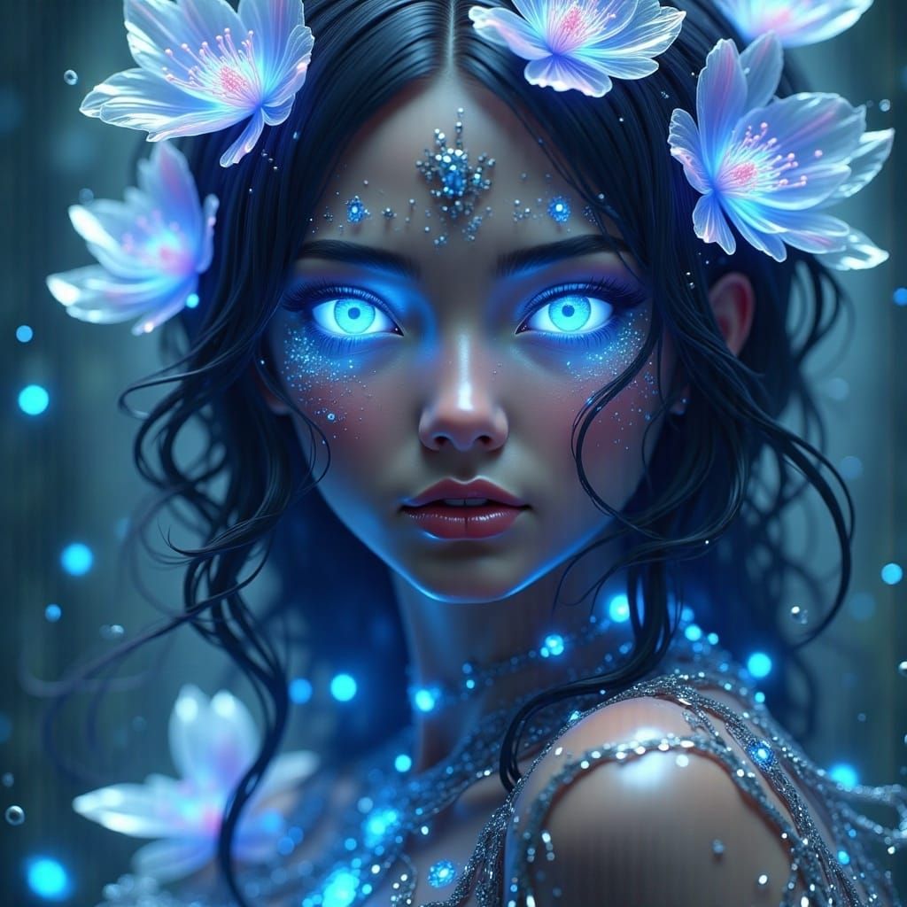 <lora:Eyvindr Fx:1.0>, crystalline goddess, blue glowing flower eyes, long hair, detailed head and shoulders portrait, detailed intricate ar...
