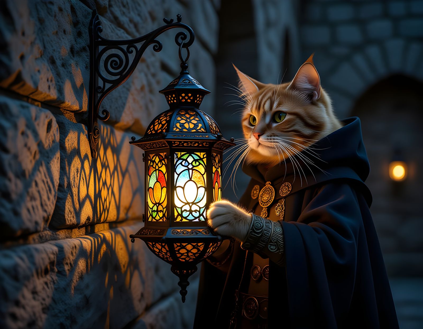 steampunk, Close-up on a intricate, ornate metal lantern with stained glass panel held by a  lone anthropomorphic ...  by @tsahel