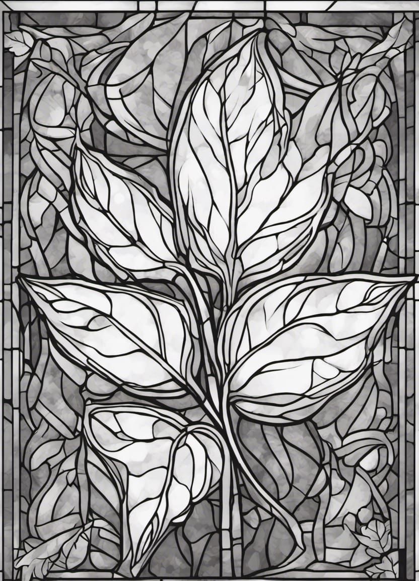  grey and white line drawing, simple stained glass design of leaves, in a border