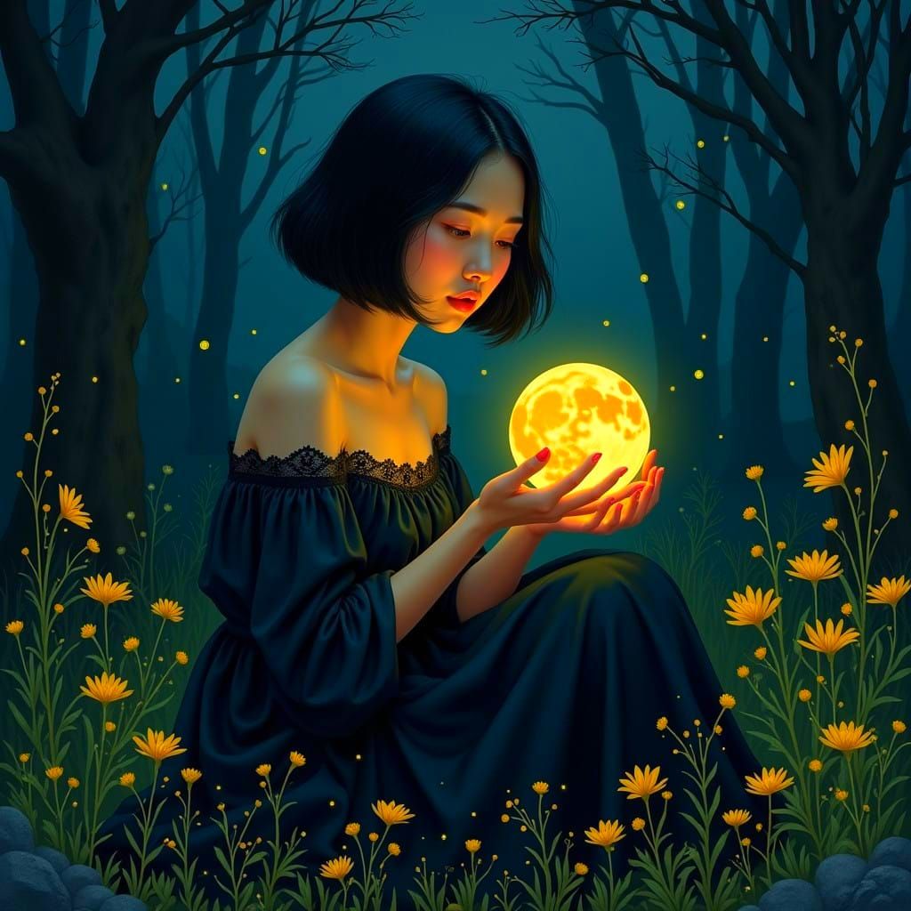 A young woman, likely of Asian descent, sits in a dark fores...