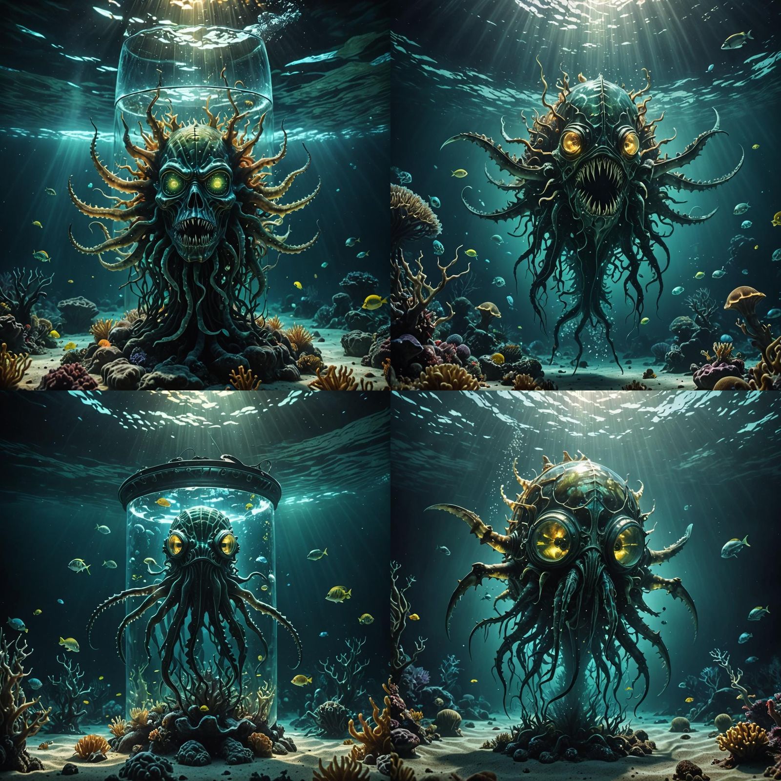 Underwater Glass Ktulhu with Glowing Creatures: Cinematic St...