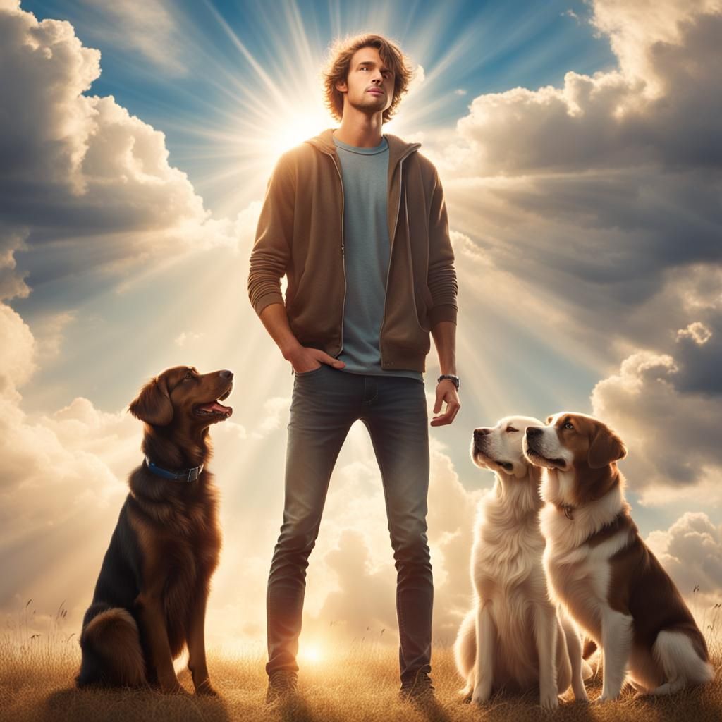 A tall young man with brownish hair color with 2 pet dogs