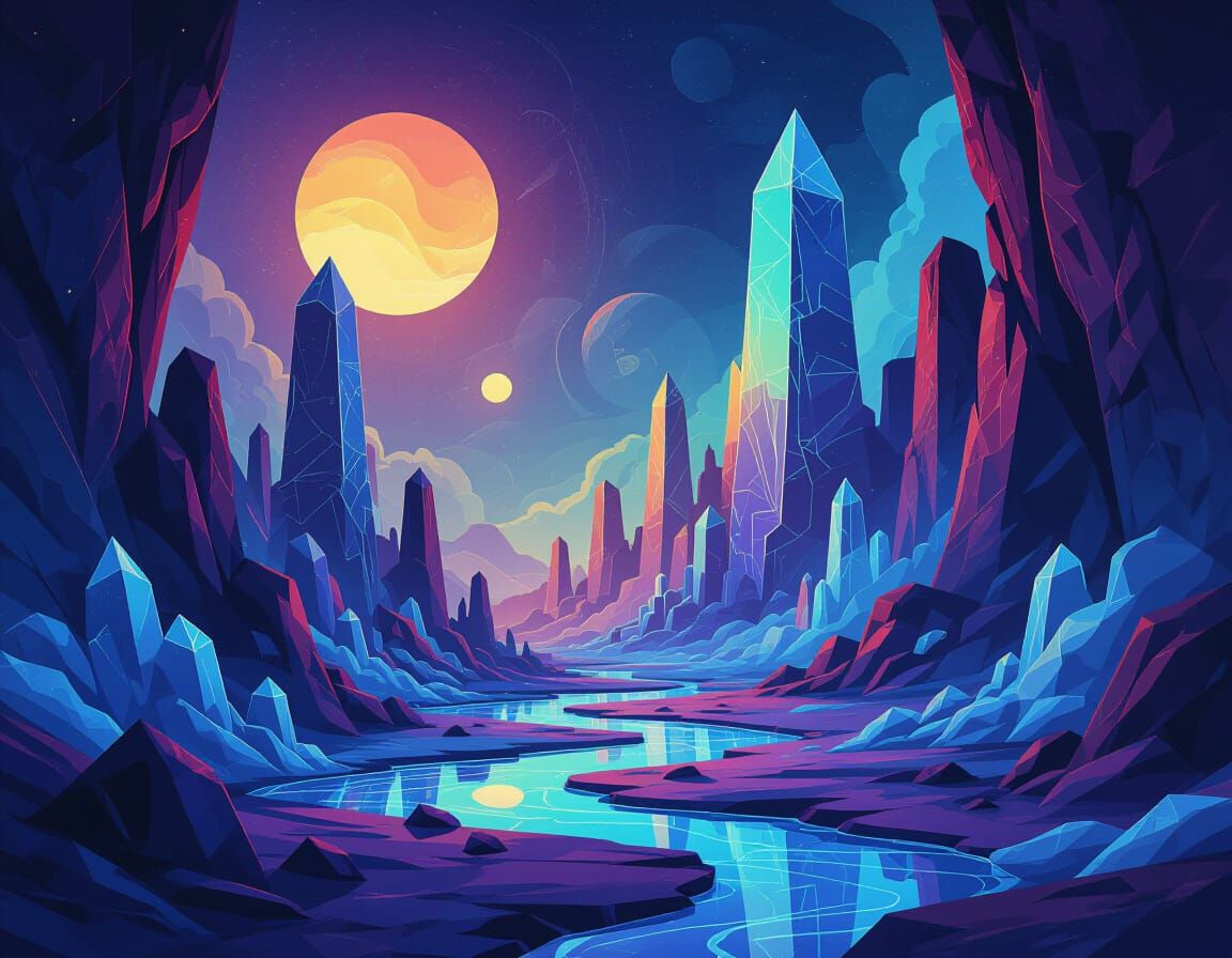 A vibrant, abstract landscape where geometric shapes and fluid lines merge to form a surreal alien world. Towering, crystalline structures r...