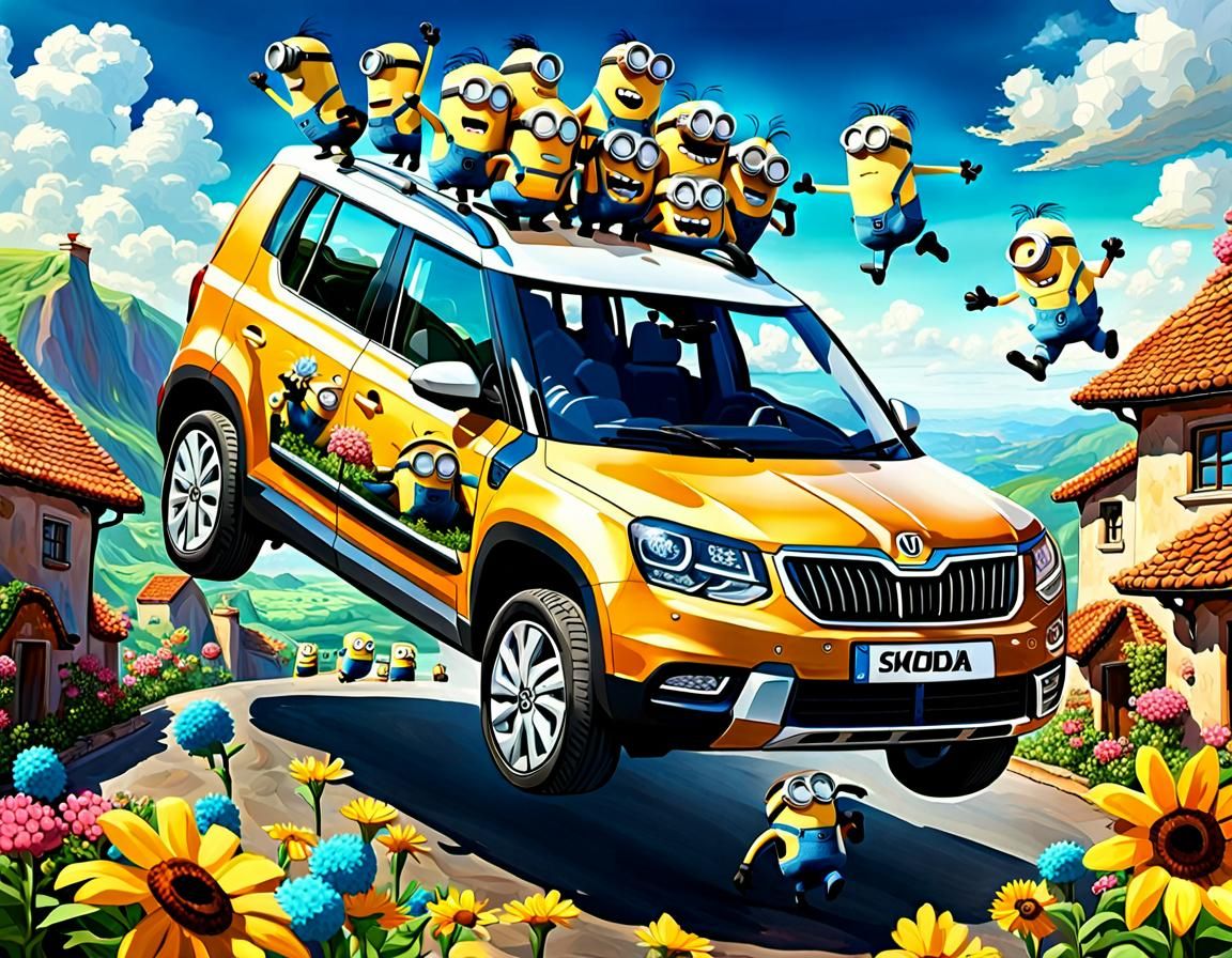 Bronze Skoda Yeti car surrounded by playful Minions