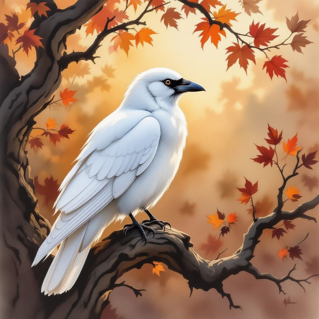 A single, completely white crow with white wings and a white tail sat on a gnarled branch of an ancient oak tree, its feathers shimmering wi...