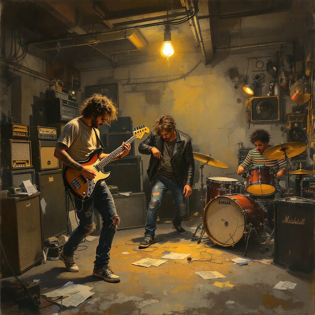 A band is jamming in a garage. There is a guitarist, bassist and drummer. 