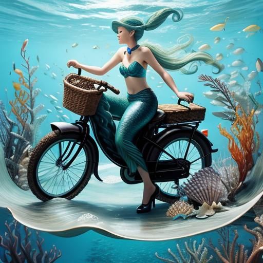 Mermaid on Seashell Bicycle in Ocean