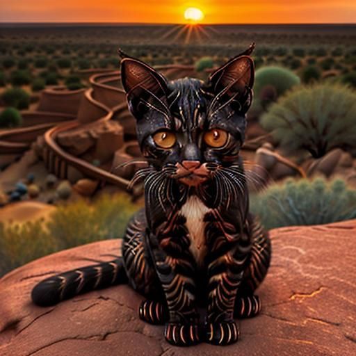<lora:Noir Royale SD15:1.0> A Grumpy Kitten sitting on a rock, stunning desert sunset. Endless landscape view.