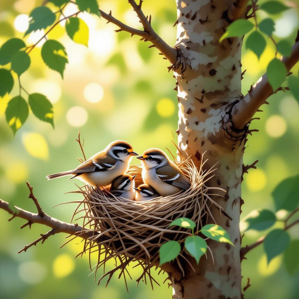 Songbird Feeds Fledglings in Nest on Tall Tree