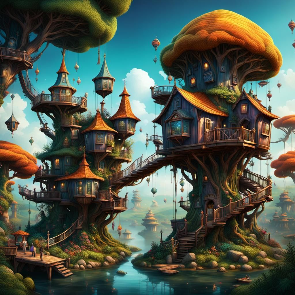 Unique piece of art, It features an unusual treehouse with w...