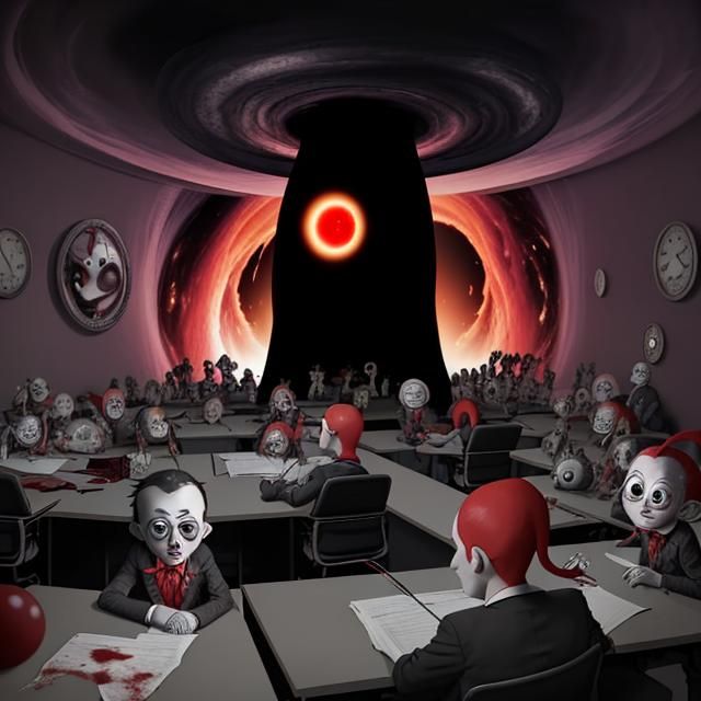 In the office of an evil Dr. Suess, surrounded by children e...