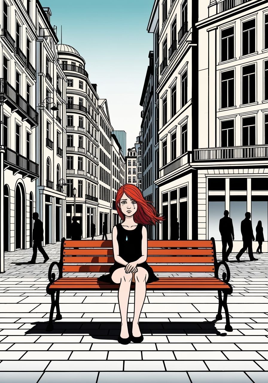 Melancholic Girl on Park Bench in Graphic Cityscape