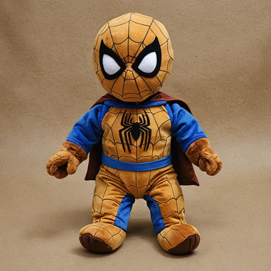 stuffed animal, Spiderman costume, blue, yellow, brown, Thre...