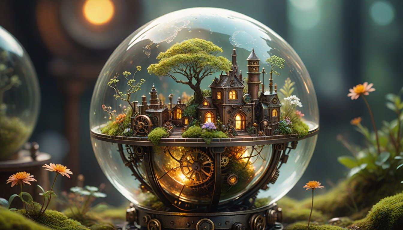 A transparent steampunk-style globe, mounted on an ornate brass stand fitted with mechanical gears and ...  by @Russ P