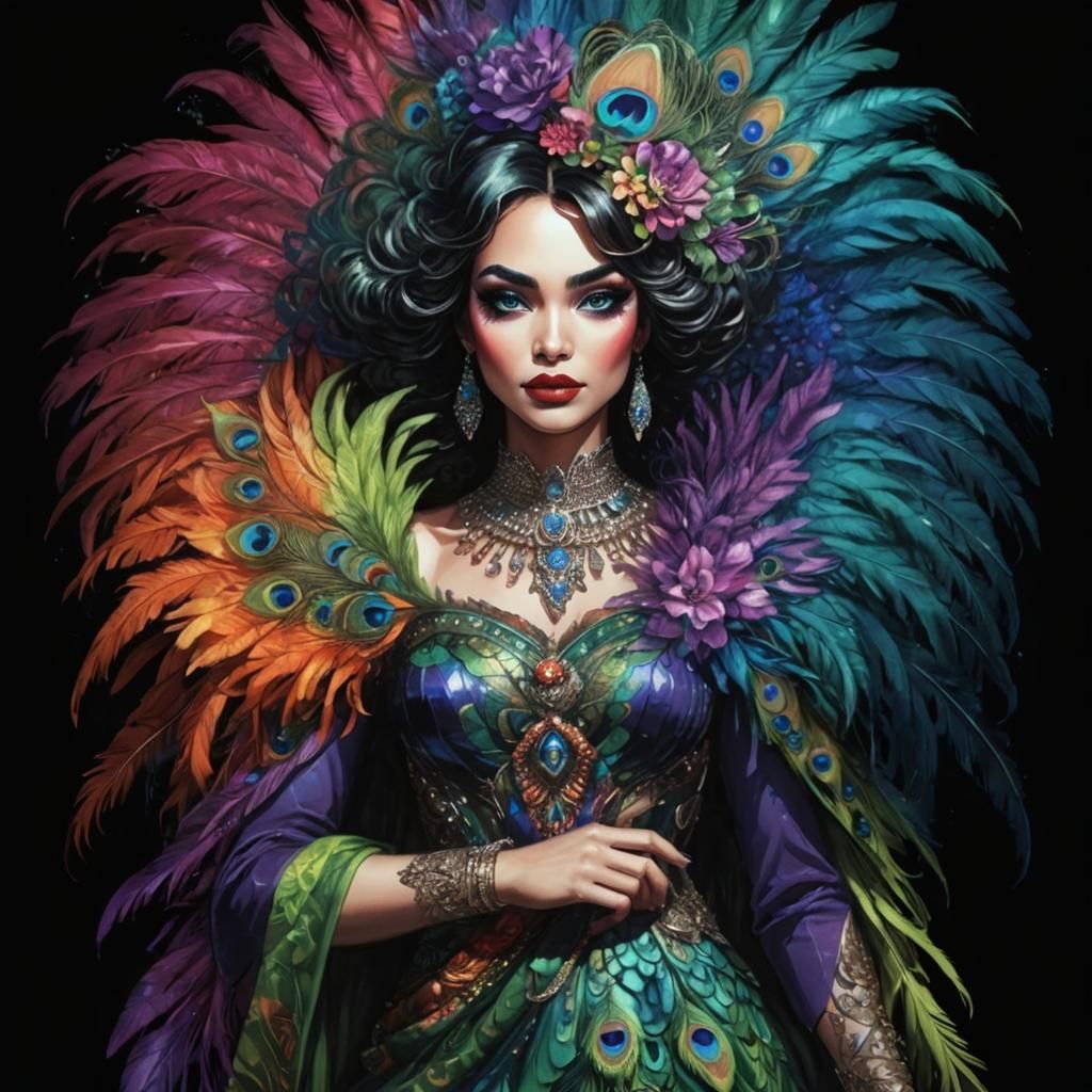 Beautiful woman with colourful rainbow skin, peacock feathers hair
