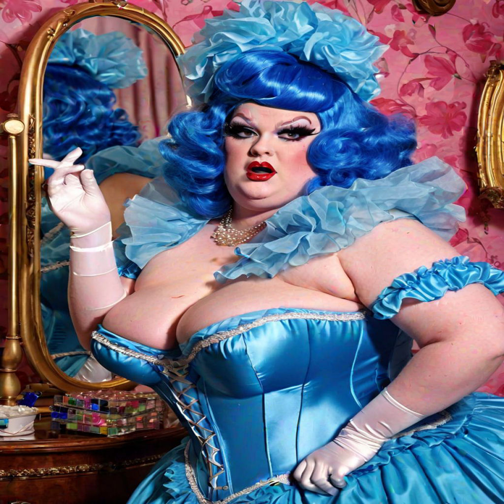 Poofy Extravagant Ultra Femme Fat Obese Overweight Drag Queen wearing a Flamboyant Satin Corset and Silk Stockings