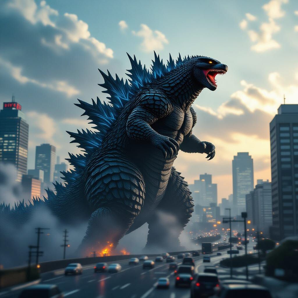 Godzilla Rampages Through Cityscape: A Cinematic Film Still
