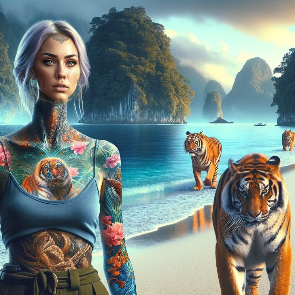 Hyper Realistic image with a women with a full body tattoo, on the Beach  walking to wild tigers - AI Generated Artwork - NightCafe Creator