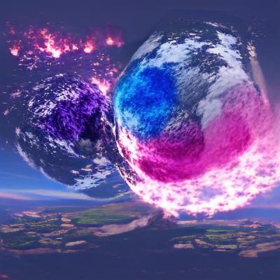 The earth exploding but with a blue purple and pink colour p...