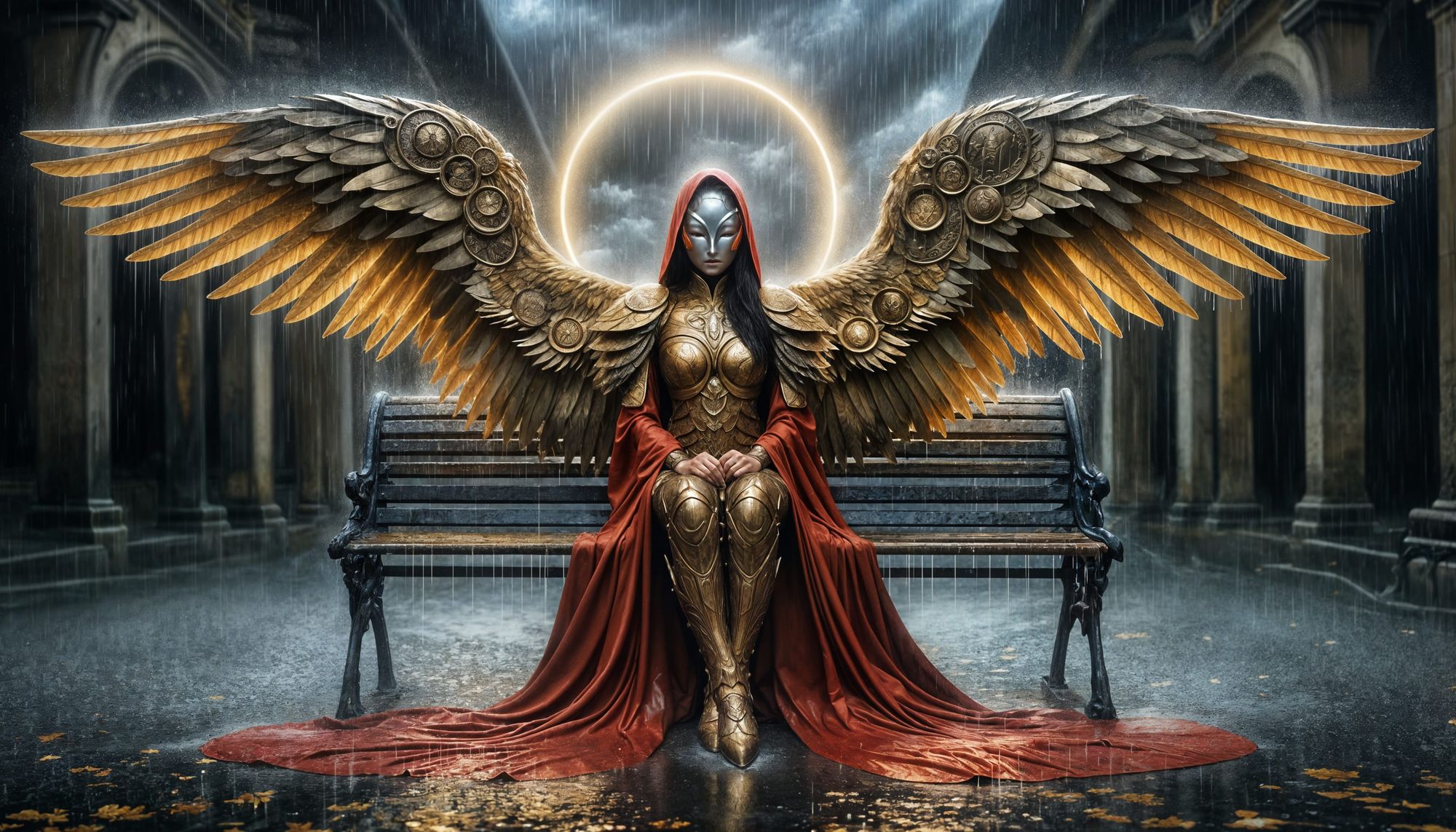 Winged Sentinel in Crimson Cloak