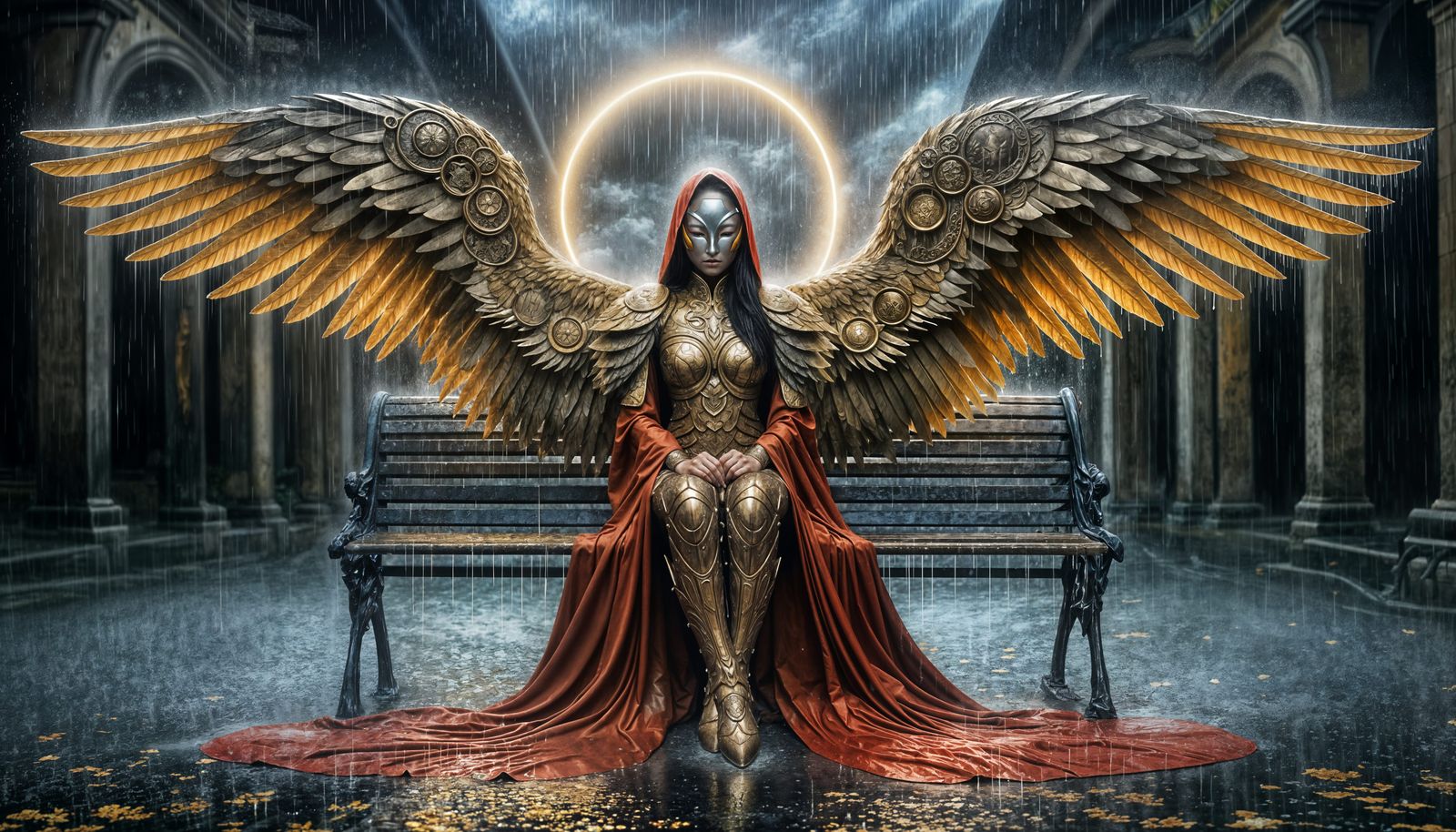 Winged Sentinel in Crimson Cloak