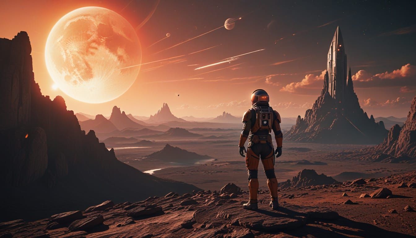 Wide shot. A brave space explorer stands on a distant moon with twin suns in the sky. The landscape is ...  by @aNta