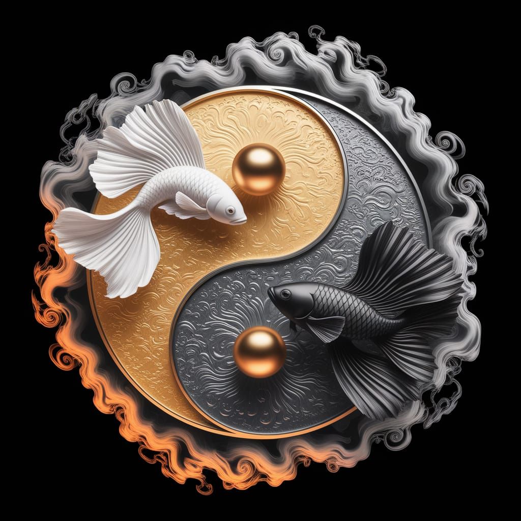 Un symbole Yin-Yang envoûtant, finement gravé dans du metal, représente deux élégants poissons Betta, ...  by @Delete