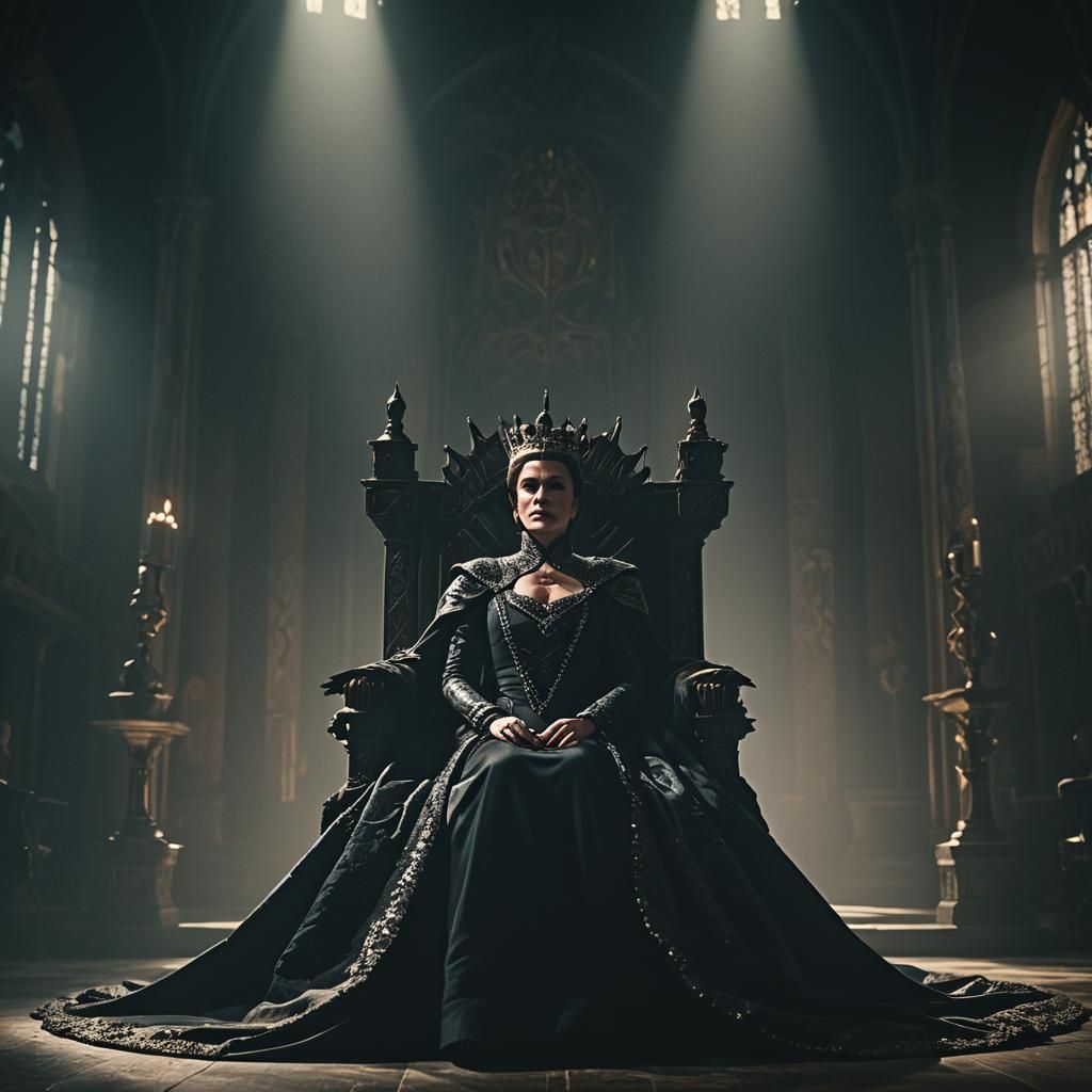 Evil Queen on Throne in Dark Academy, Cinematic Still