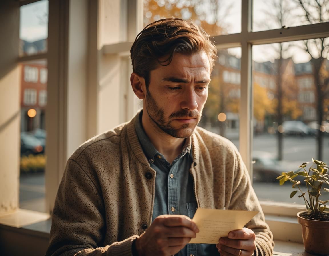 A sad man holding a letter or photograph looking out of the window