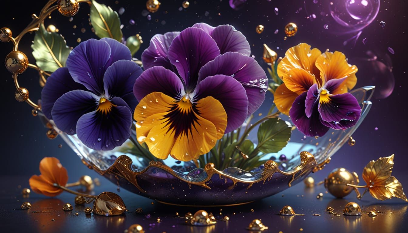 A stunning arrangement of fantastical flowers, featuring vibrant pansies with purple petals and yellow ...  by @The Quantum AI Journey