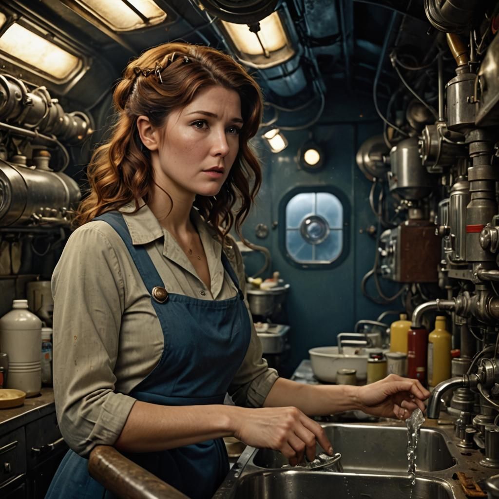 Jewel Staite (age and hairdo from the Firefly series) wearing rubbergloves, washing dishes in the caboose of a 1950's submarine.