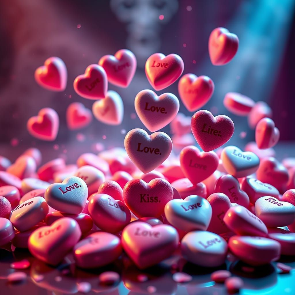 Candy hearts dropping and spilling across a table  by @Tenar