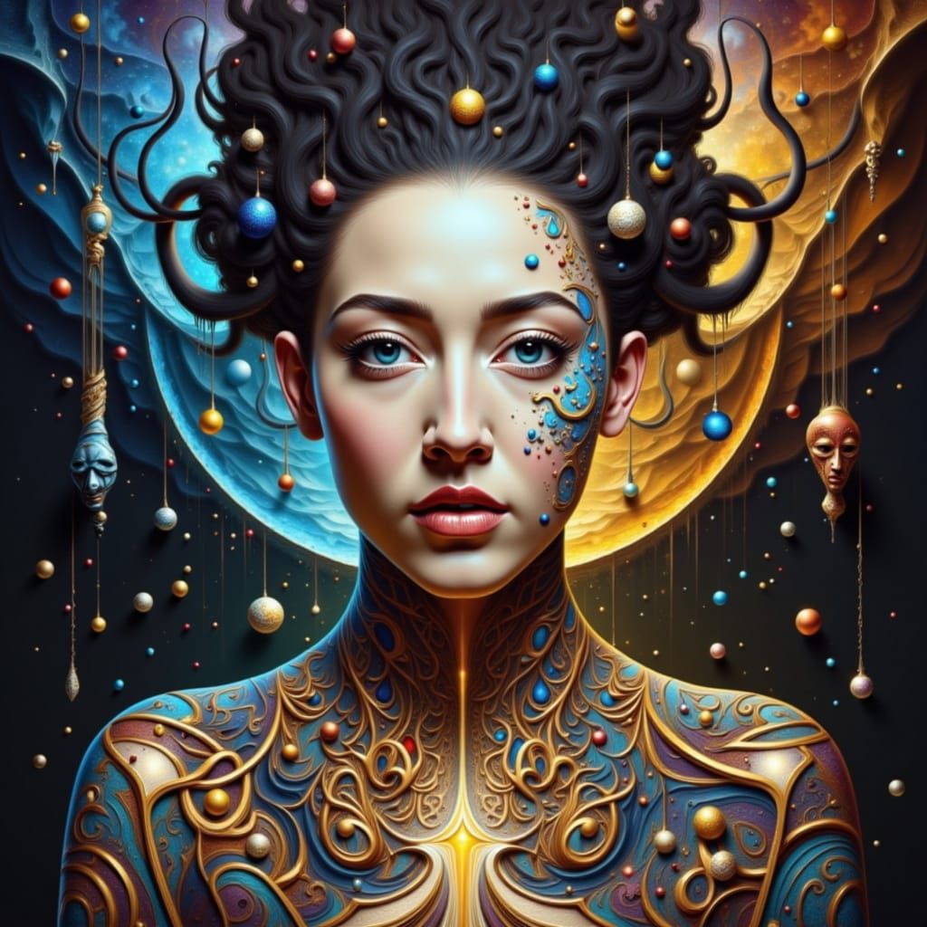 Surrealistic portrait of The Mother Goddess of All Creation being driven mad within grief over its creations and torn to tatters by nihilist...