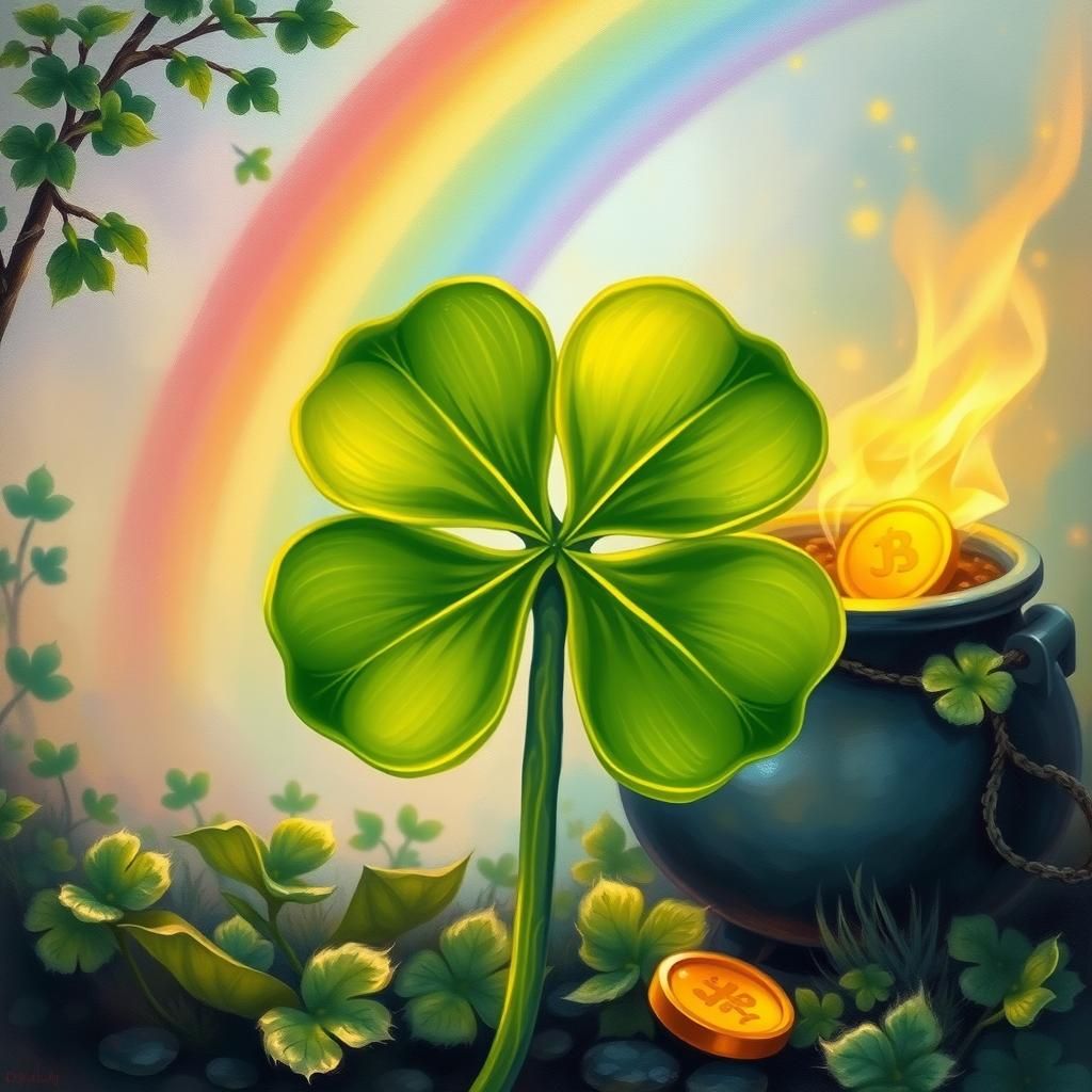 A lucky four-leaf clover glowing with a mystical aura with a...