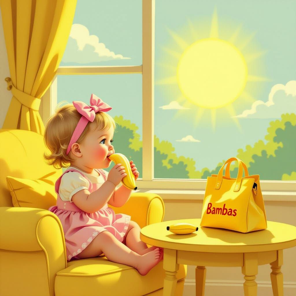 Baby Girl Enjoys Banana on Yellow Sofa with Bambas
