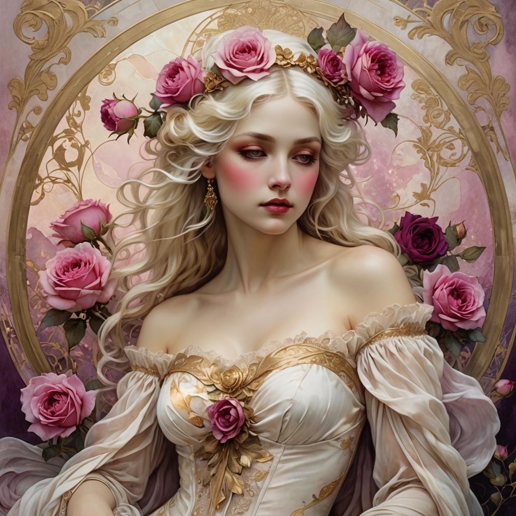 Art Nouveau Portrait, with Crimson & Magenta Roses in Bloom ...