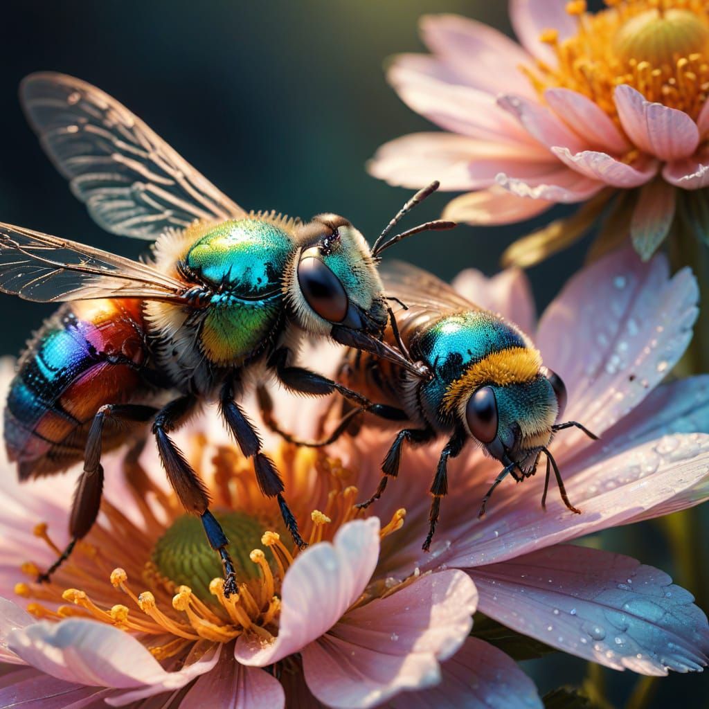 Bug and Bee on Flower: Vibrant Concept Art